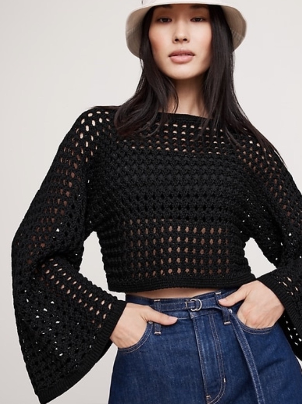 Banana Republic Black Crochet Openwork cropped Crewneck Sweater, bell sleeve NWT - Picture 2 of 10